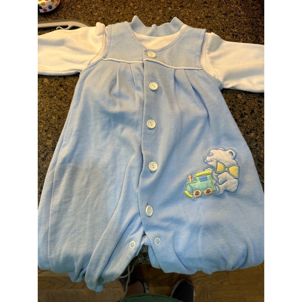 little miracles 3/6 mos blue romper with white shirt and bear vtg